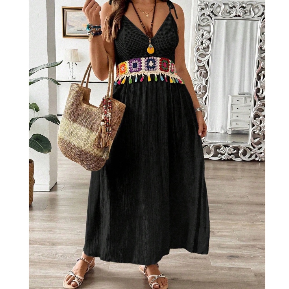 Plus Granny square Crochet Tassel Detail High Waisted Cami Dress - Picture 1 of 7